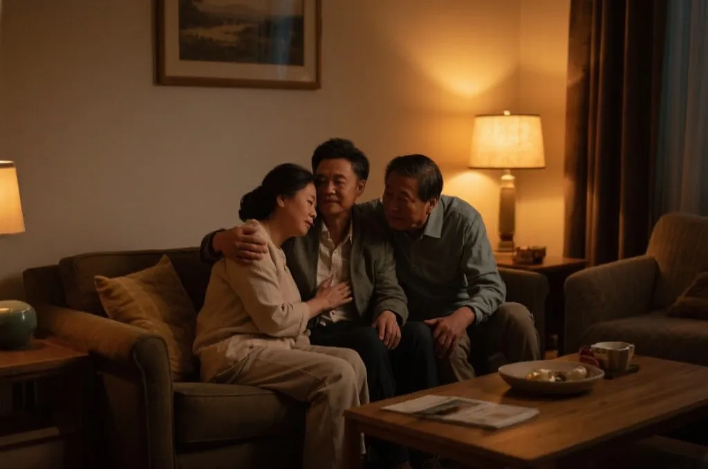 家庭成员在客厅中进行支持性对话