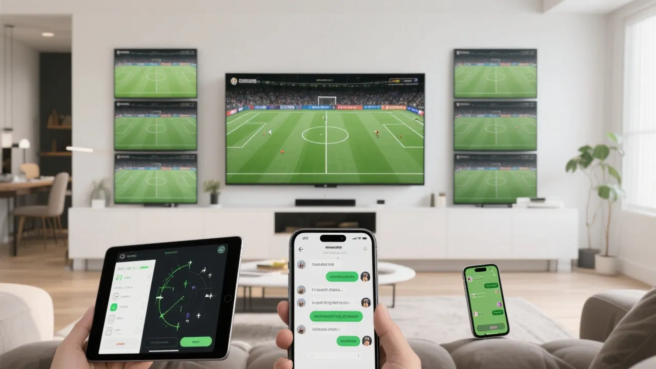 多屏观赛布局示意：电视播放主画面，平板显示战术分析与实时数据，手机开启互动弹幕